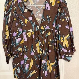 Entro Brown Floral Blouse with Yellow and Purple Accents